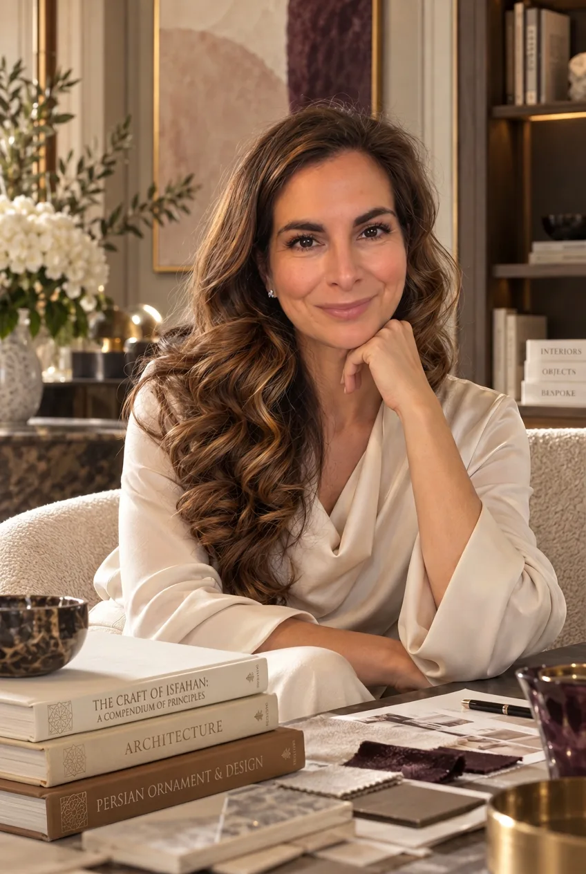 Mandana Gaulier seated in her design studio beside a table of books, fabrics and material samples