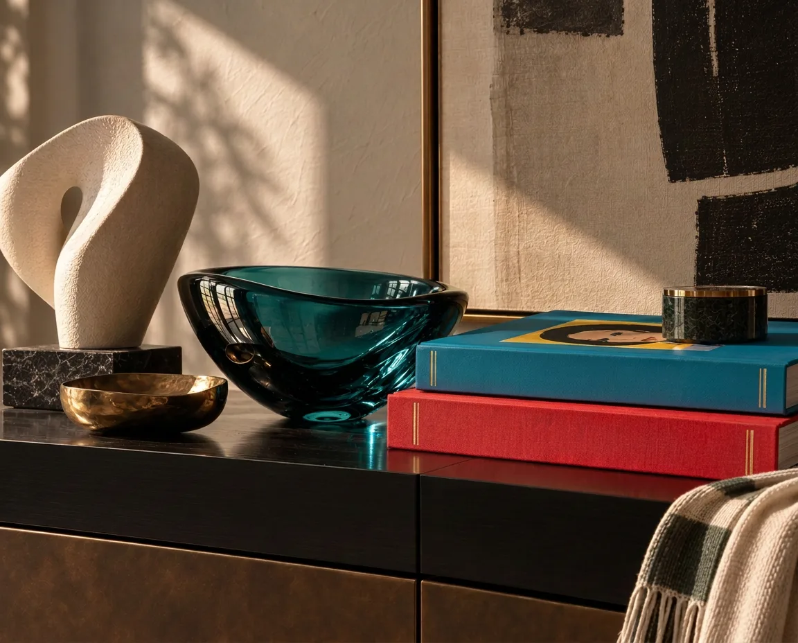 Curated arrangement of art objects on a dark sideboard, with a teal glass bowl, abstract sculpture, stacked books and a gold-framed artwork