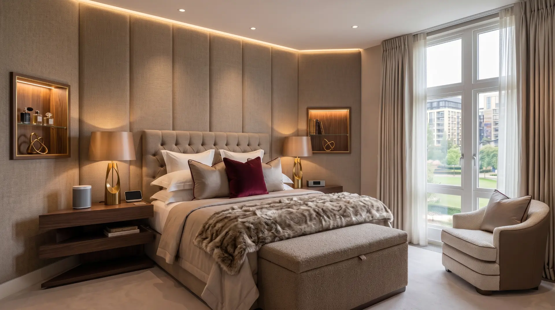 Principal bedroom with upholstered taupe wall panelling, illuminated walnut niches and full-height windows — Palace Court, London