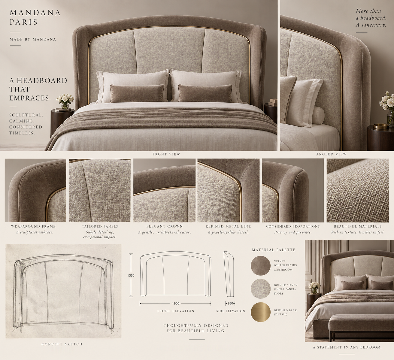 Design board for The Sanctuary Headboard showing front and angled views, upholstery and brass details, concept drawings and material palette