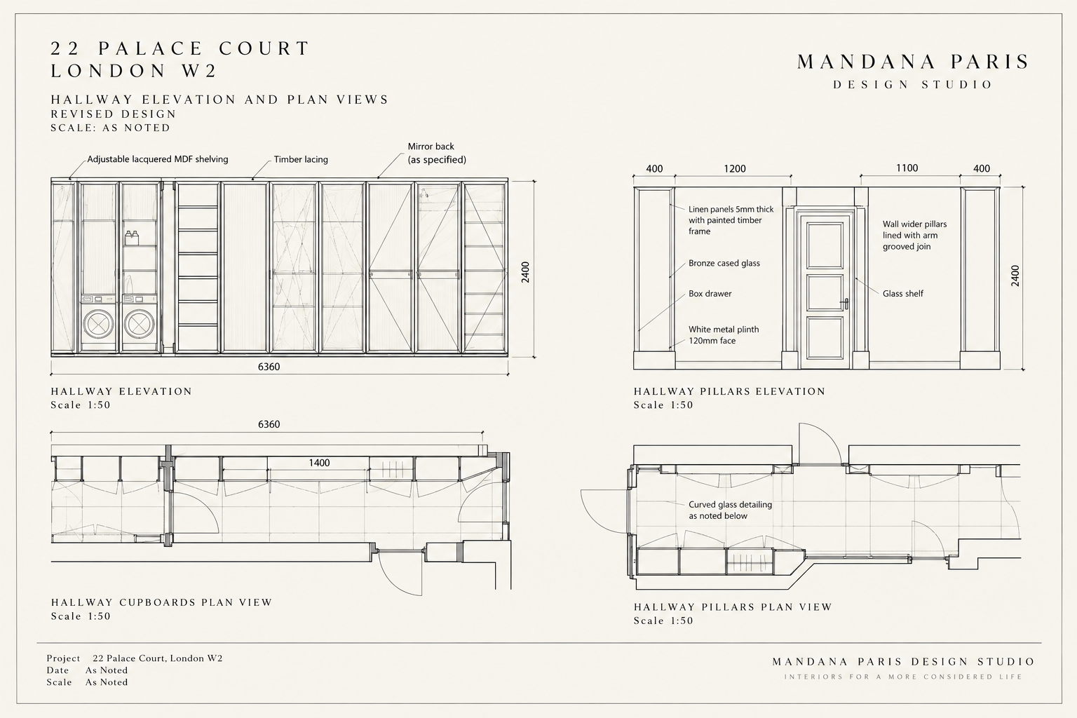 Studio drawing — hallway elevation and plan views, 22 Palace Court, London W2