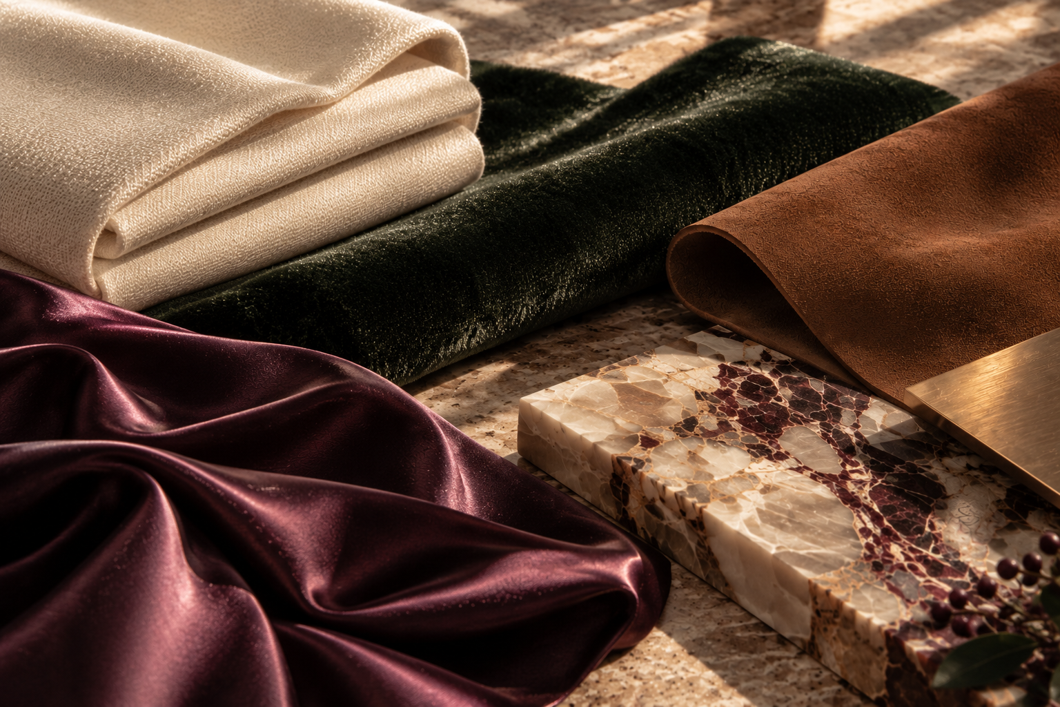 A material flat lay with cream pebbled fabric, deep green velvet, draped plum satin, warm brown suede, a purple-veined marble slab and a brushed brass sample on a pale stone surface