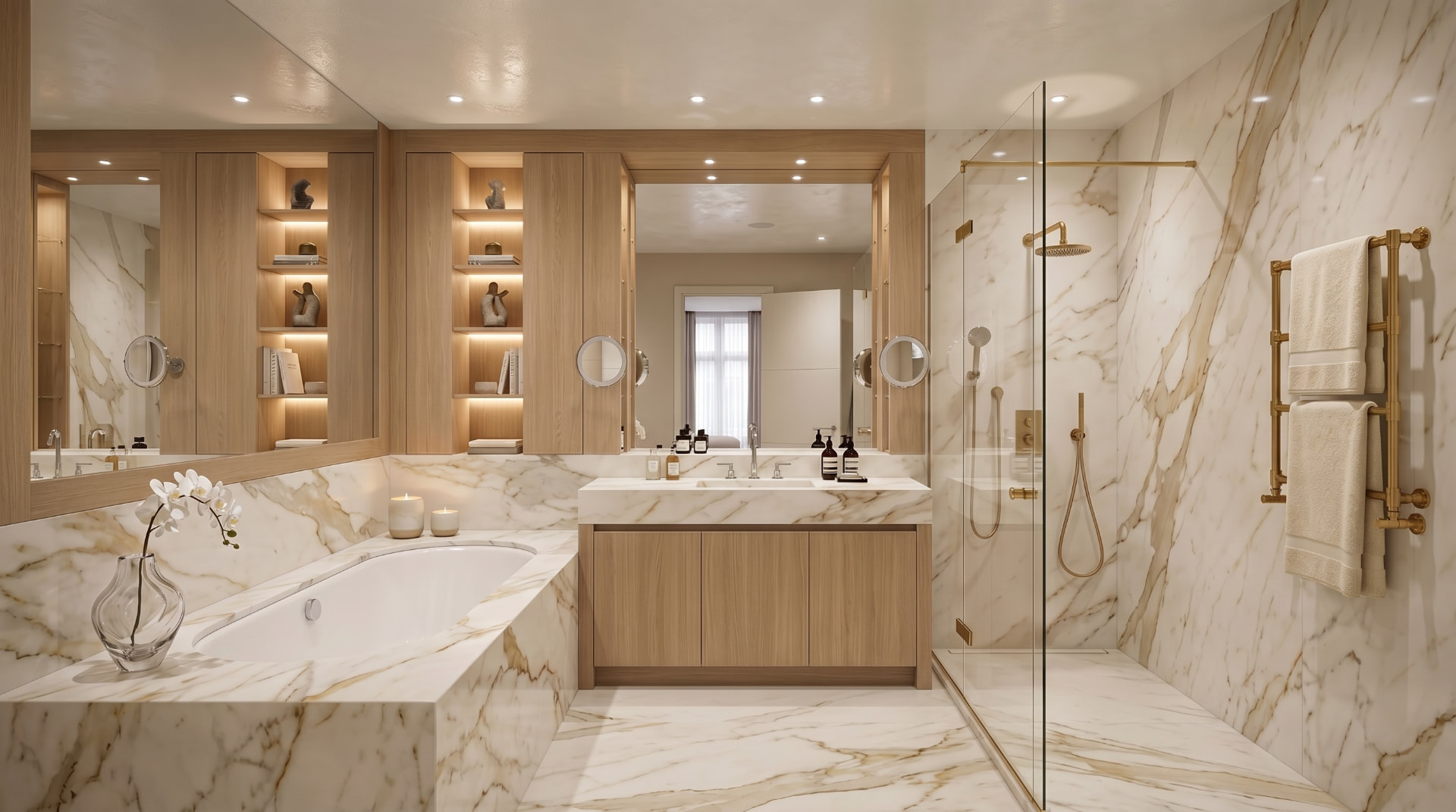 Stone and surface craft — bathroom clad in book-matched Calacatta marble with bath, walk-in shower and brass fittings