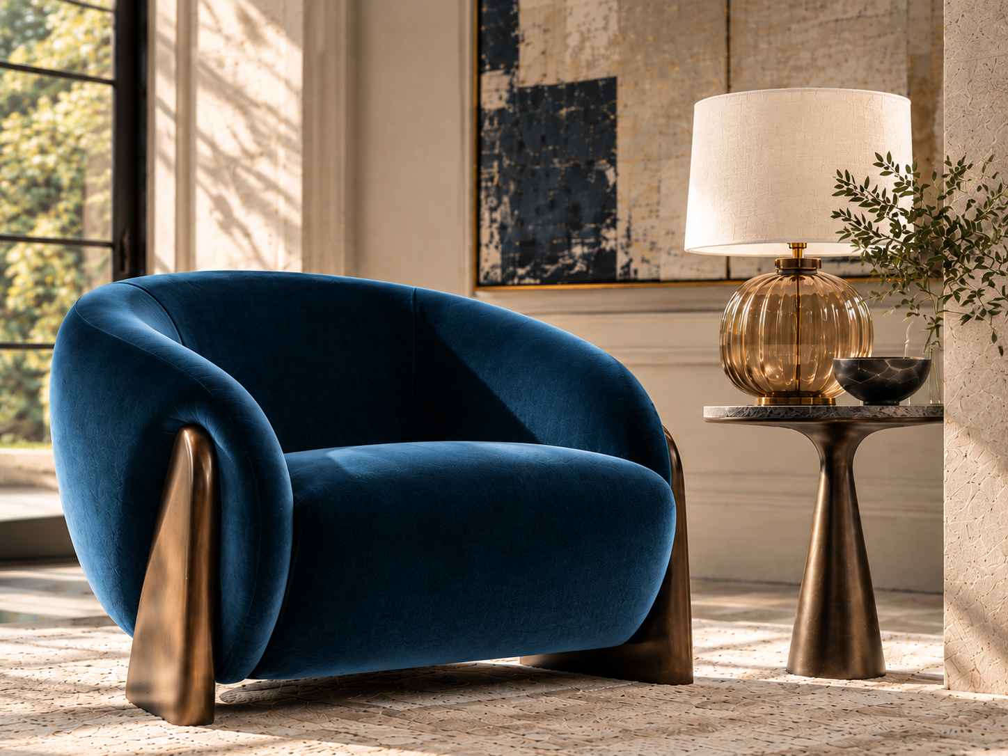 A curved navy blue velvet armchair with sculptural bronze legs beside a bronze side table with an amber glass lamp in warm afternoon light