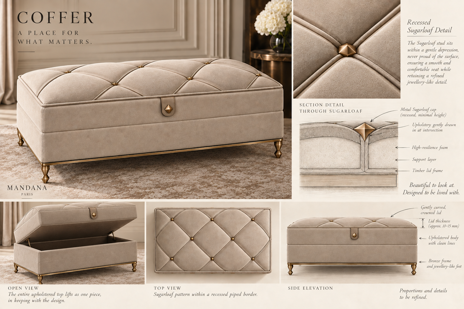 Coffer design board showing a taupe damask upholstered storage ottoman with diamond tufting and bronze sugarloaf studs, a close-up stud detail, a section drawing, and open, top and side elevation views