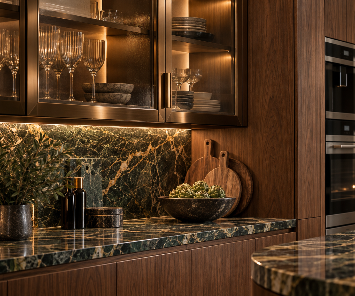 Bespoke kitchen detail with bronze-glass cabinetry, walnut joinery, green veined stone and upholstered dining elements — Palace Court, London