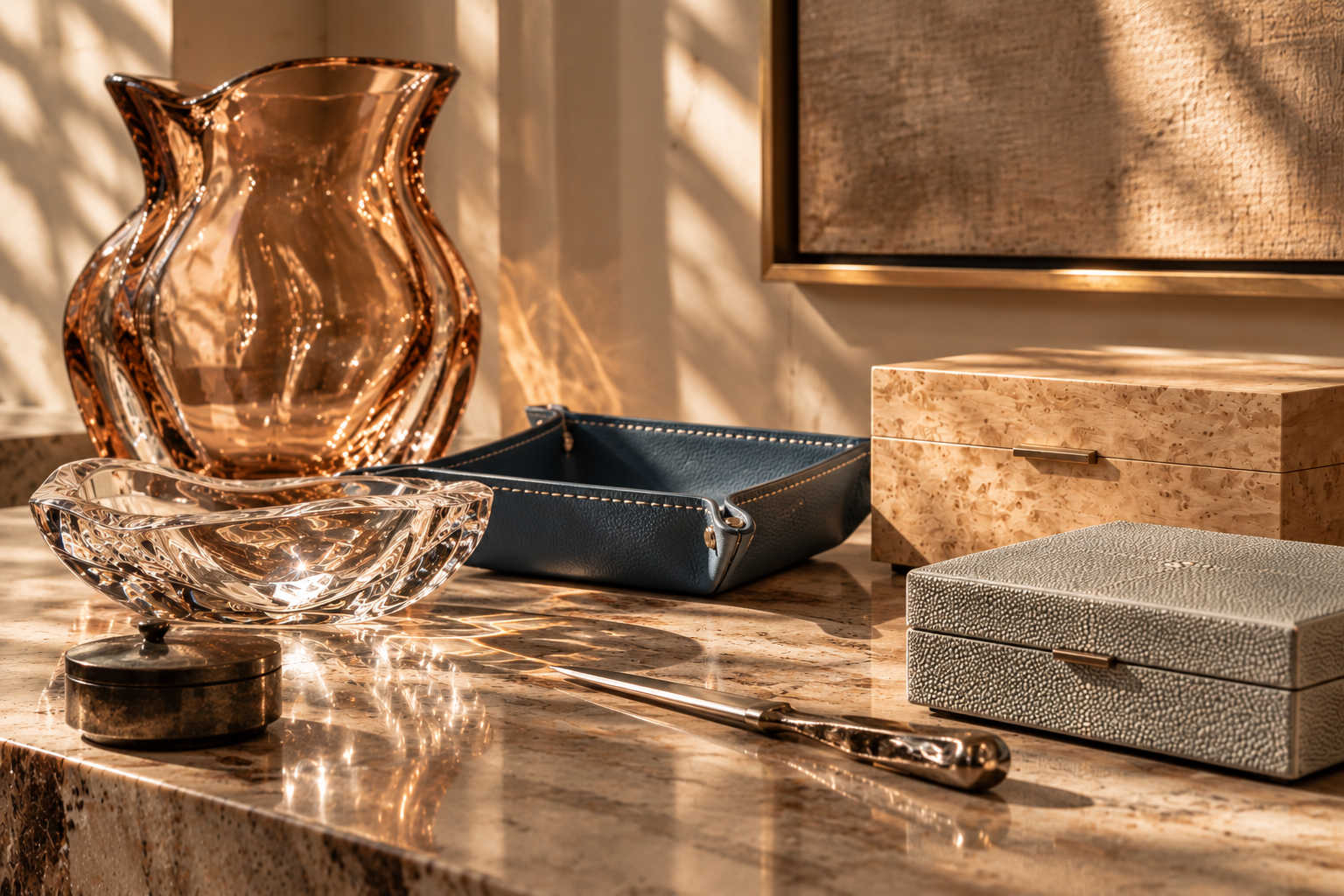 An amber glass vase, a sculpted glass bowl, a lidded silver container, a blue leather tray and other collected objects arranged on a stone surface in warm sunlight