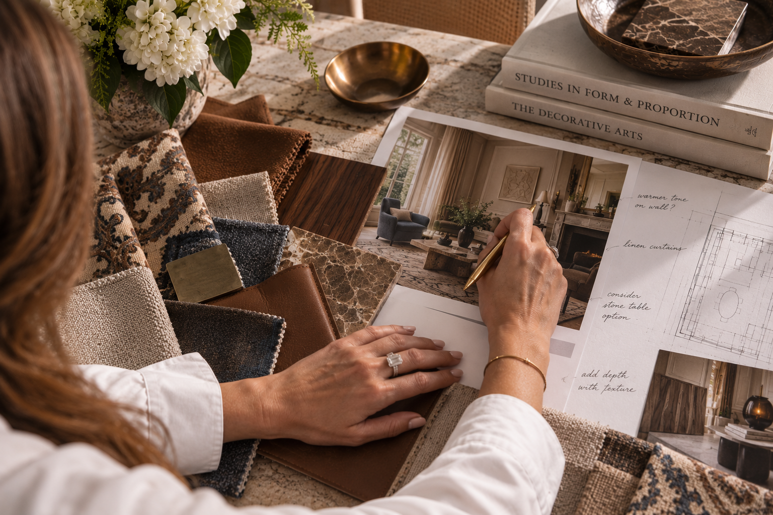 Mandana at a stone work surface with fabric, stone, timber and leather samples laid out beside a room rendering and hand-written notes