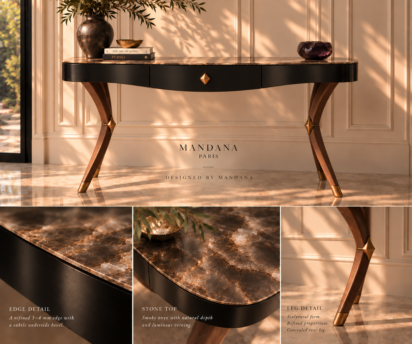 Mandana Paris presentation board for a bespoke dark wood console with smoky onyx top and sculptural walnut legs