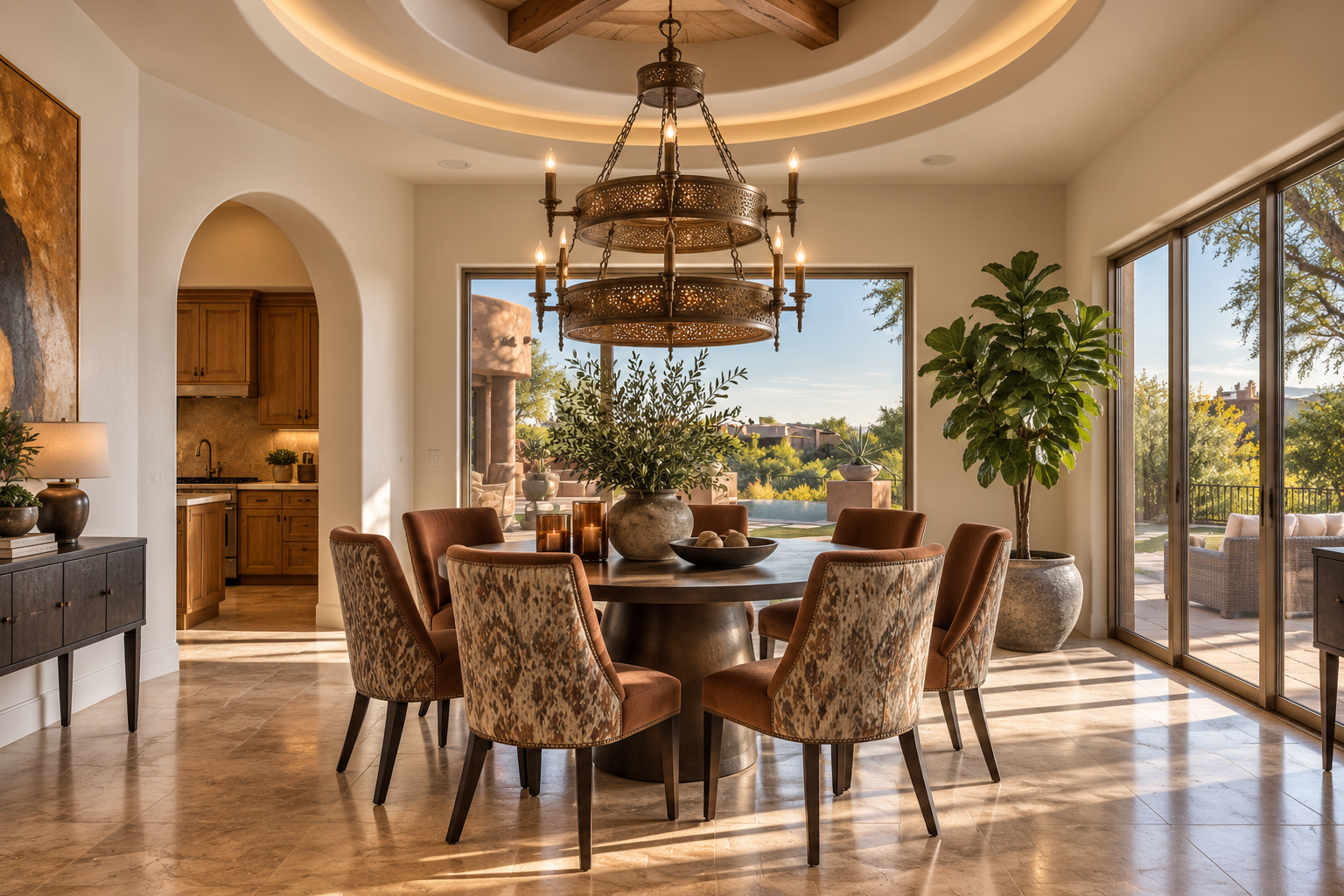 Dining room with rust-upholstered chairs, two-tier brass chandelier and desert views beyond the glass — desert residence, Scottsdale, Arizona