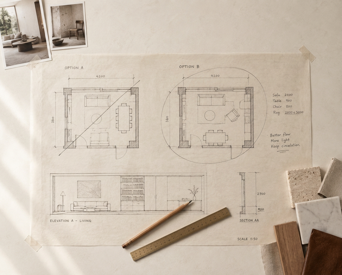 A large floor plan with two alternative furniture layouts under consideration, a pencil and brass scale ruler resting on the drawing, a restrained palette of stone, linen, oak and leather samples to one side and two reference photographs