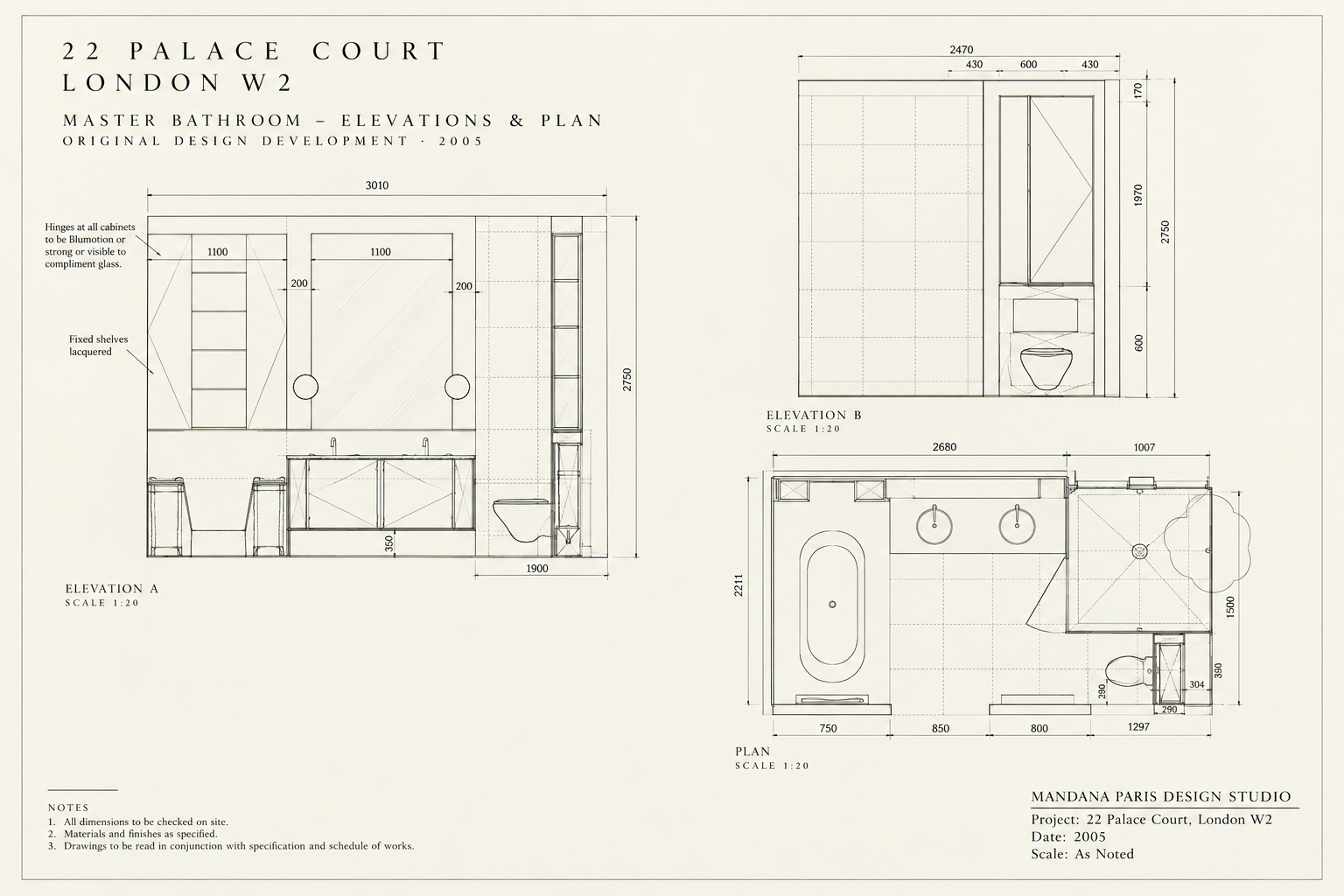 Design development board for the Palace Court master bathroom — two elevations and a floor plan for Flat 22, Palace Court, London W2, drawn at 1:20