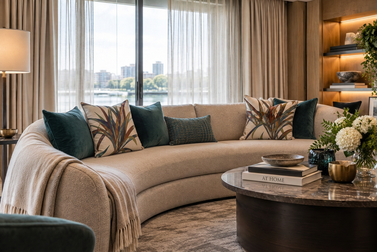 Sunlit curved sofa with teal cushions and illuminated walnut joinery — Fulham Reach Residences, London