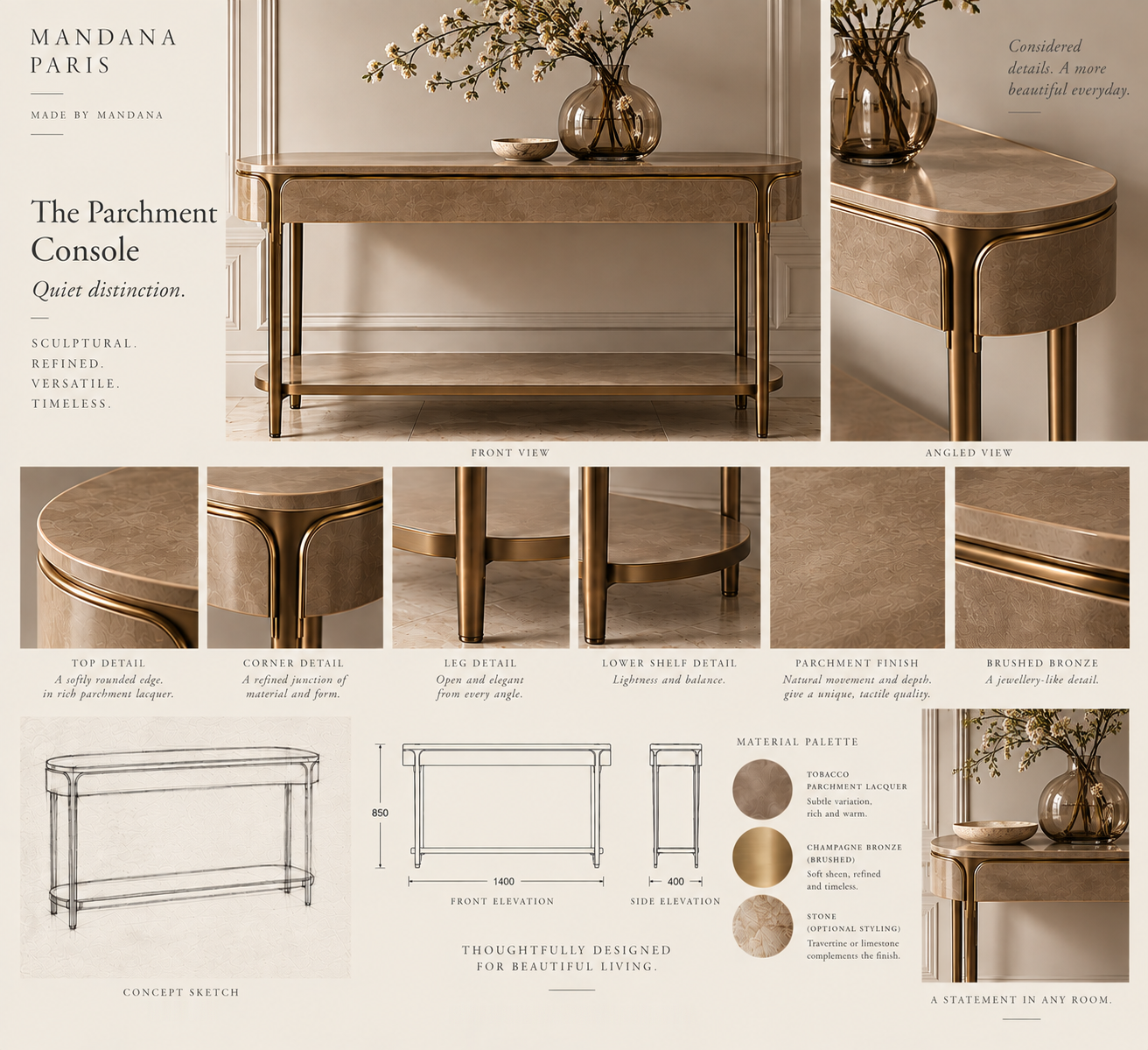 Final Tobacco Parchment Console design board showing front and angled views, sculptural details, concept drawings and material palette