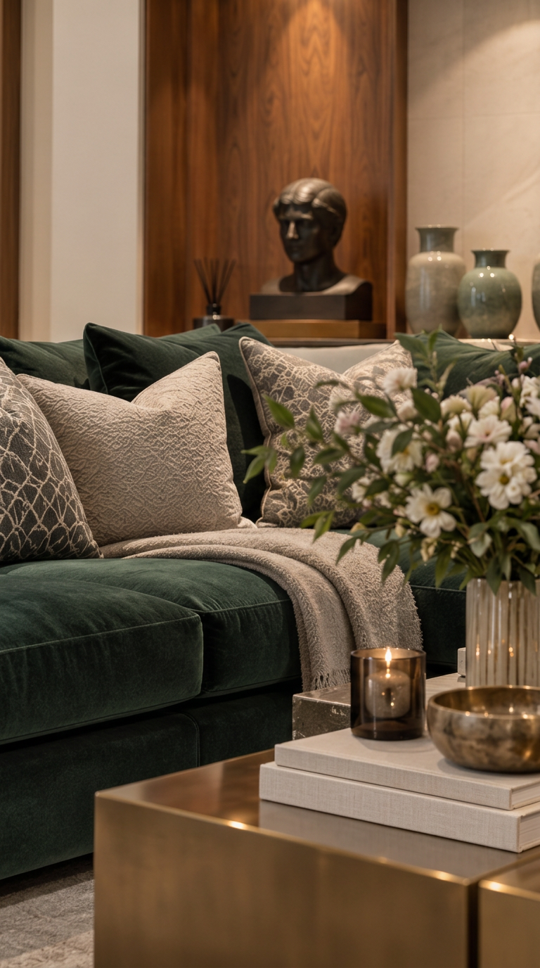 Emerald velvet upholstery, layered cushions, brass table and a bronze bust — Palace Court, London