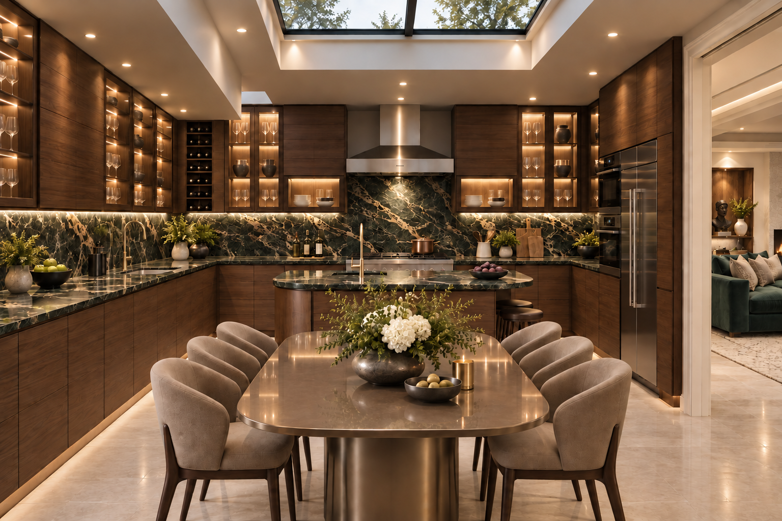 Walnut open-plan kitchen with a green veined marble island, upholstered bar stools and a dining table with burgundy velvet chairs — Palace Court, Notting Hill, London