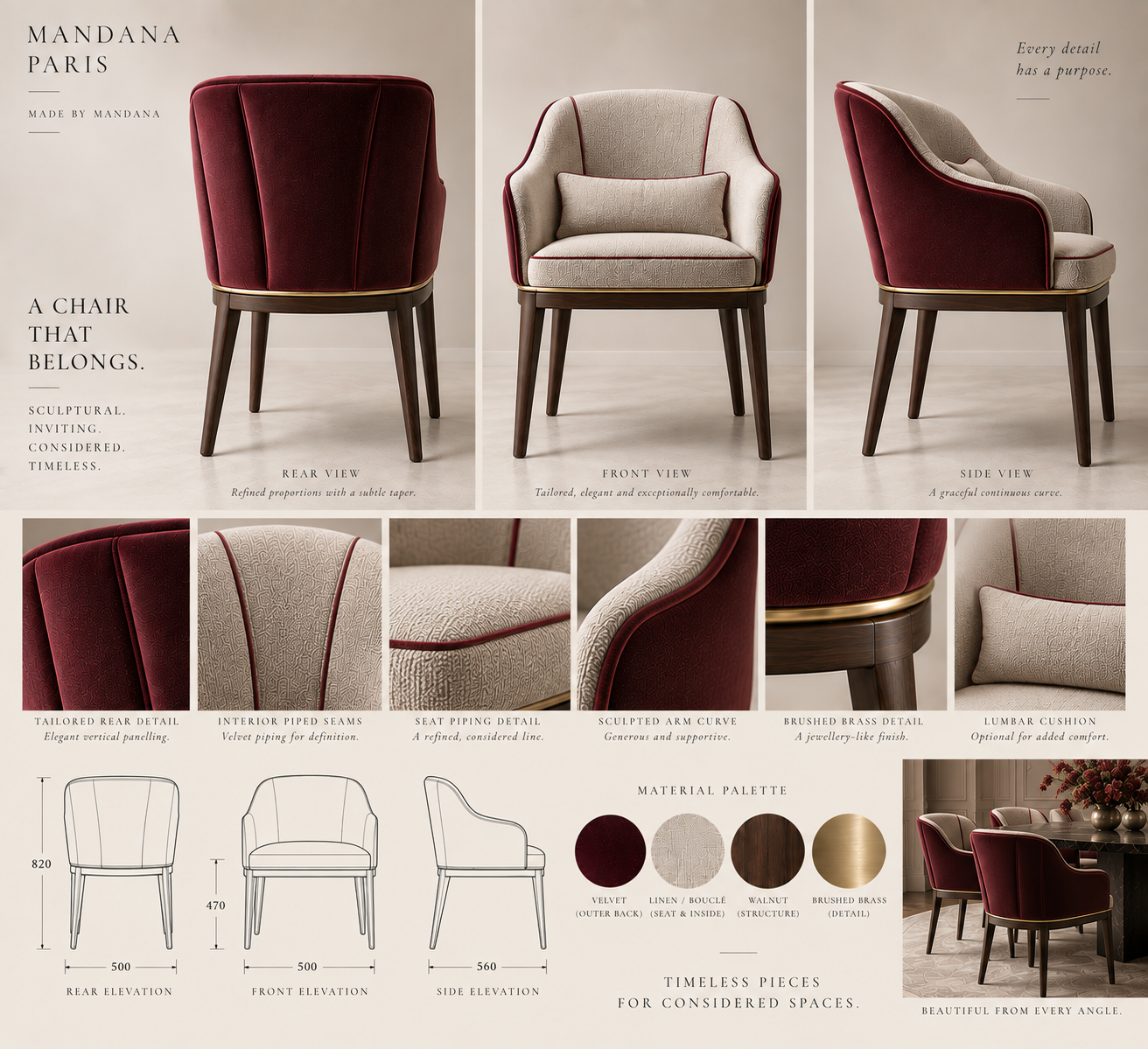 Design board for The Embrace Chair showing front, side and rear views, tailored upholstery details, concept drawings and material palette