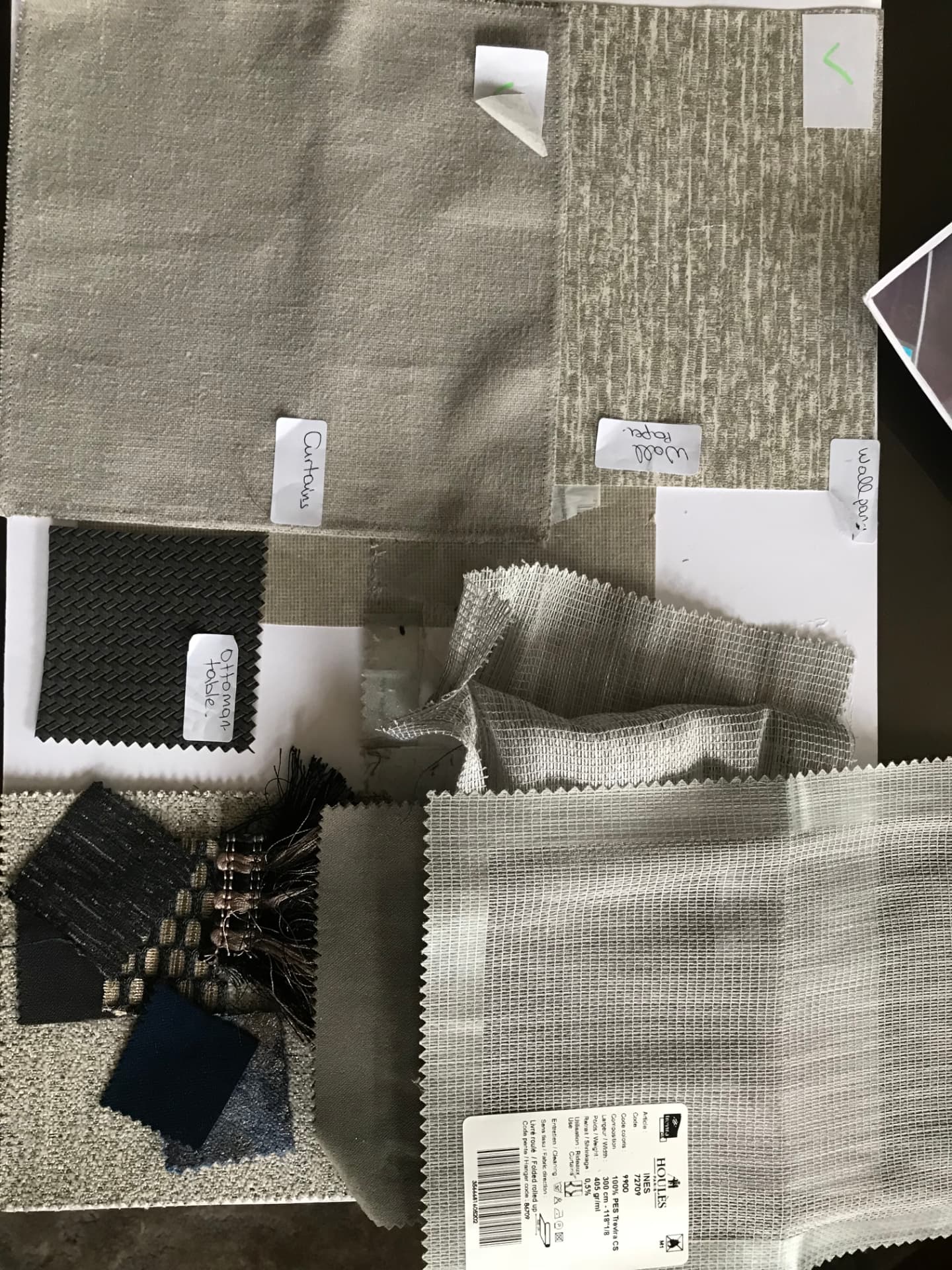 Textiles and fabrics sourcing board with labelled swatches for curtains, wallpaper and ottoman table, including a Houlès Paris INES sheer