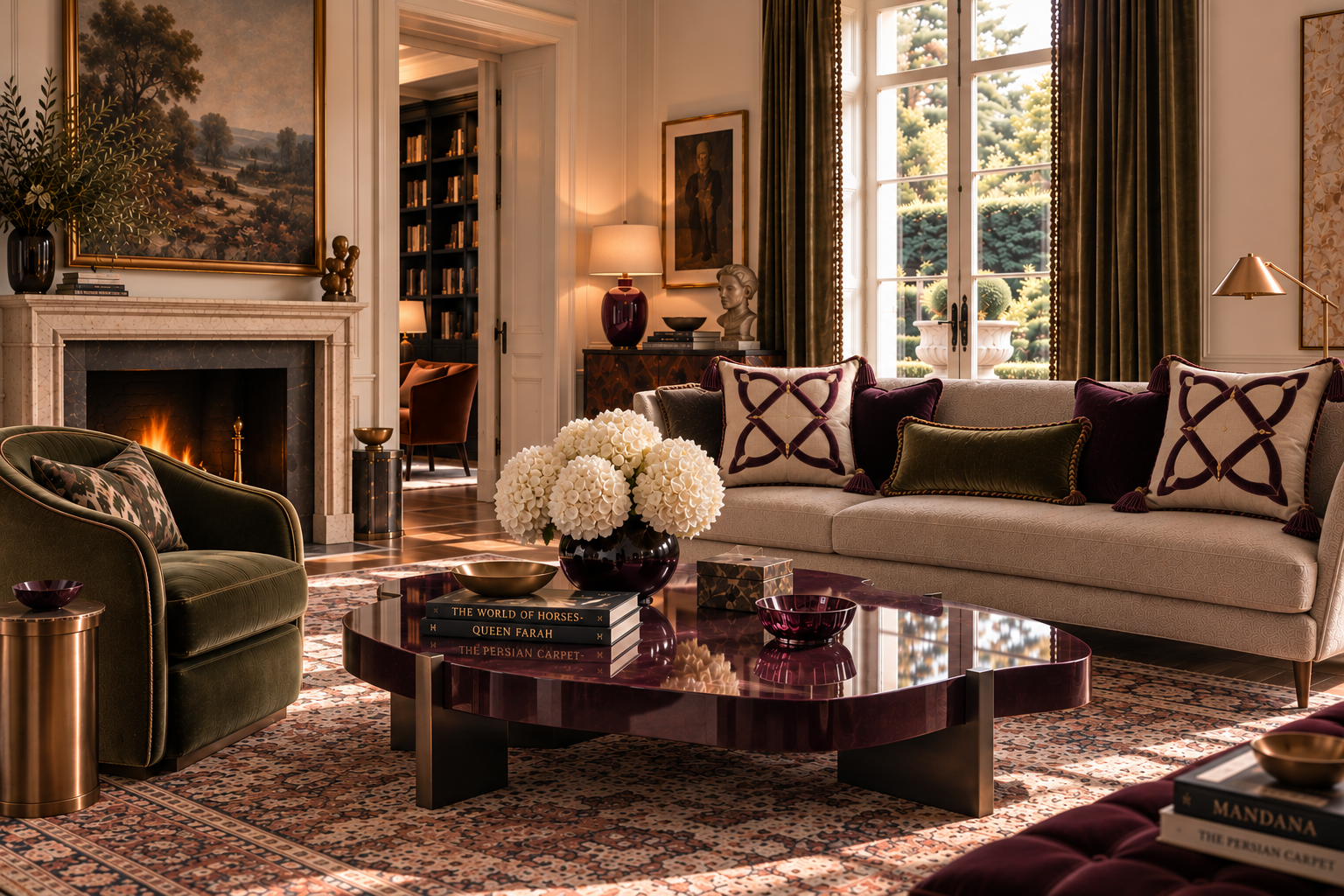 A collected drawing room with a lit fireplace, an olive velvet armchair, a cream sofa with plum velvet cushions, a plum coffee table holding books and white hydrangeas, and a faded Persian rug