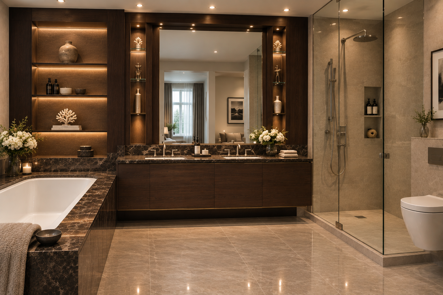Marble bathroom with bevelled mirror, walnut vanity, bronze fittings, illuminated niches, stone bath surround and a fluted glass shower screen — Palace Court, London