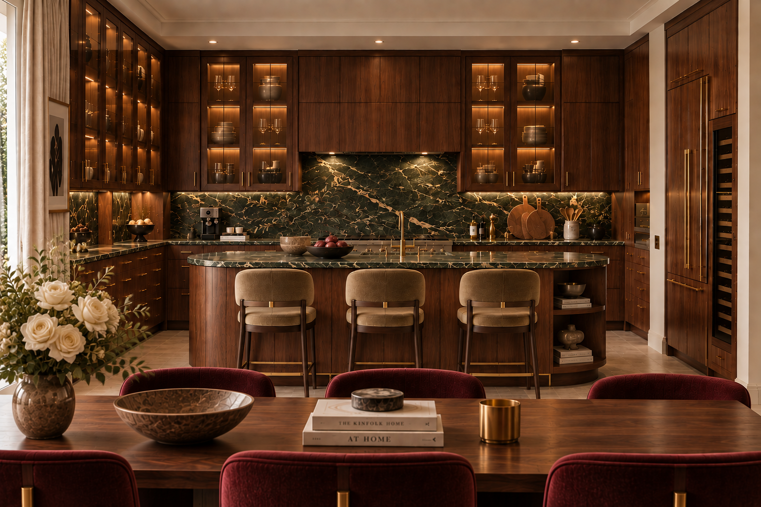 Walnut kitchen with a green veined marble island, three olive upholstered stools and a dining table set with burgundy velvet chairs — Palace Court, London