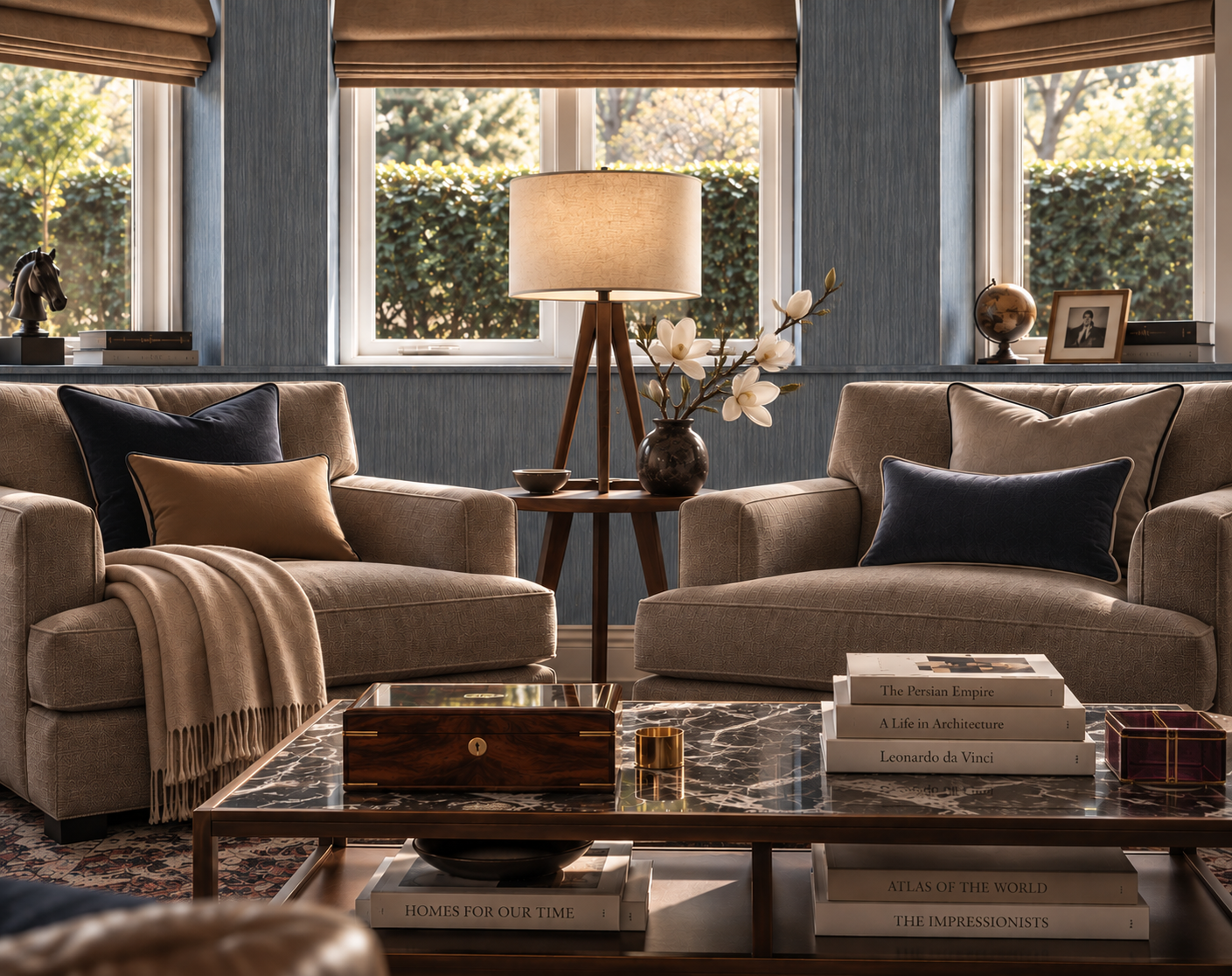 Blue-panelled study with taupe armchairs, a marble coffee table and garden views — Winkfield, Berkshire