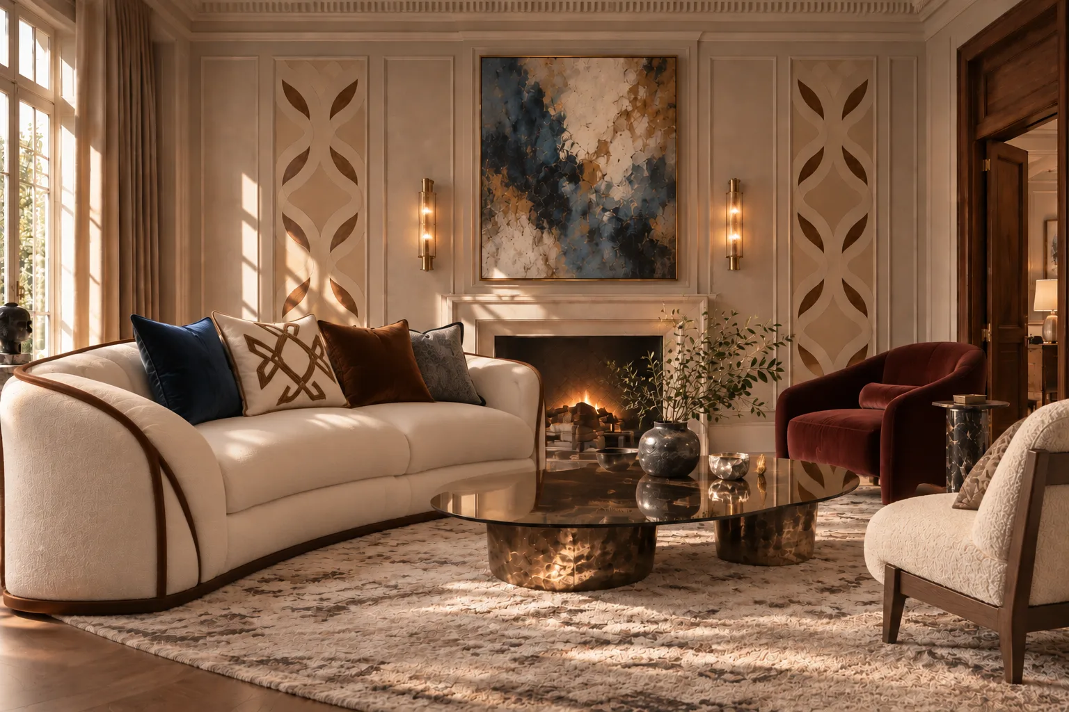 Sunlit drawing room with a curved cream sofa, a burgundy armchair and an oval coffee table on bronze bases, arranged before a lit fireplace with an abstract blue painting above it